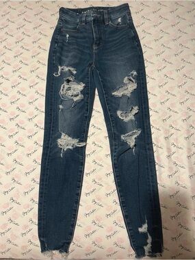 American Eagle Outfitters Dark Blue Distressed High-Rise Skinny Jeans